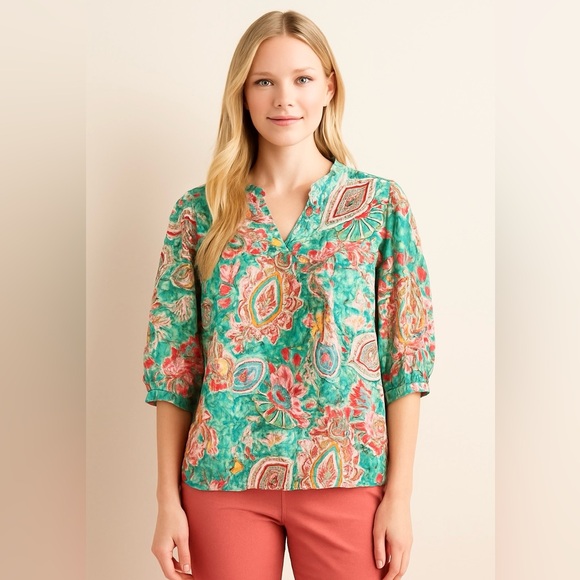 Umgee Floral Print Ruffle V Neck Bohemian Blouse Green Pink Size Large - Picture 1 of 8